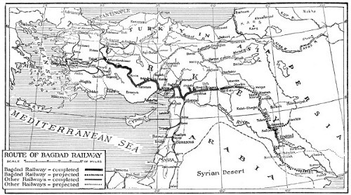MAP SHOWING THE COMPLETED AND PROJECTED SECTIONS OF THE BAGDAD RAILWAY, THE GERMAN ENTERPRISE THAT FIGURED AMONG THE PRIMARY CAUSES OF THE WAR