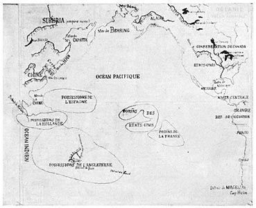 Sketch of Pacific Ocean spheres of Influence, made by Rizal when President Harrison was taking a decided policy regarding Samoa.