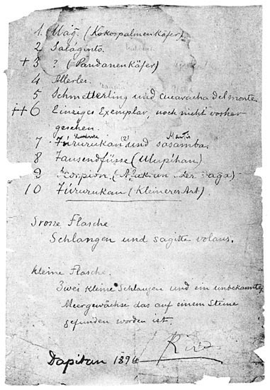 One of the lists of ethnographical material collected at Dapitan by Rizal for the Dresden Museum.